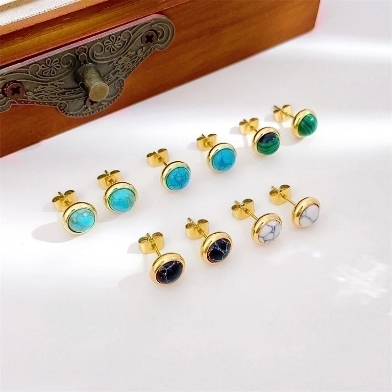 1 Pair Classic Style Round Texture Inlay 304 Stainless Steel Turquoise White Gold Plated Gold Plated Ear Studs