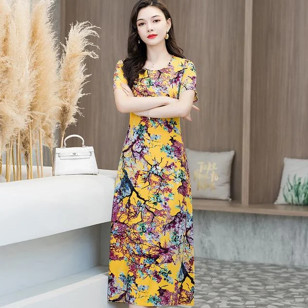 Women Summer Dress Plus Size 5XL Loose Middle-aged Mother Casual Short Sleeve Long Dress O-Neck Floral Print Cotton Dresses