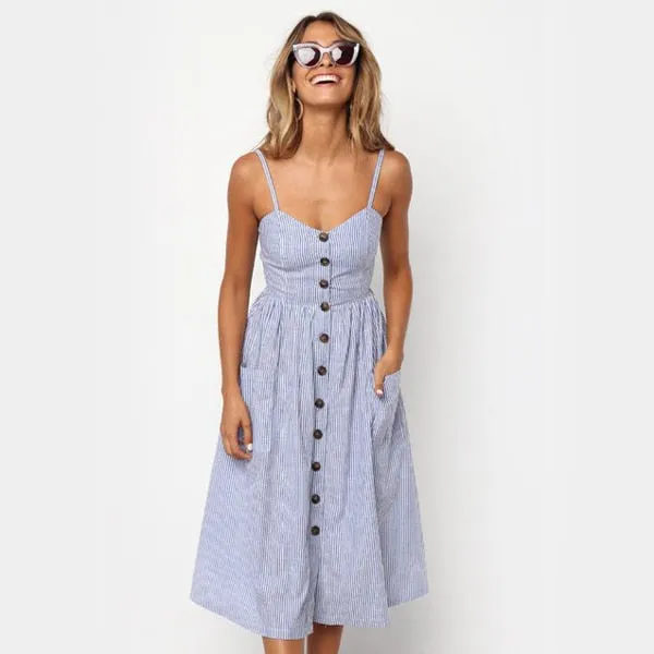 Button Striped Print Cotton Casual Beach Summer Dress Sexy Spaghetti Strap Pockets V-neck Off Shoulder Women Midi Dress Vestidos