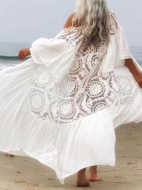 Embroidered See-Through Split-Joint A-line Flared Sleeves V-neck Maxi Dresses Cover-Ups Tops