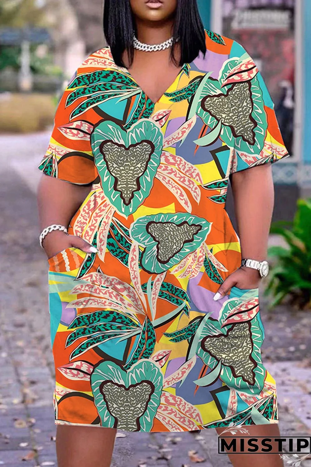 Black Orange Casual Print Basic V Neck Short Sleeve Dress