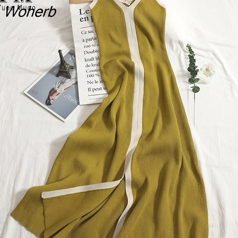 Woherb Chic Knitted Split Long Dress Women 2023 New Summer V-neck Spaghetti Strap Basic A-line Maxi Dress Casual Vestidos