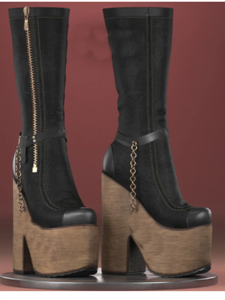 Black Wood Pattern Platform Boots Chunky Heel Round Toe Fashion Sexy Cool 2025 Summer Big Size Woman Shoes Zapatillas Mujer  highheelher