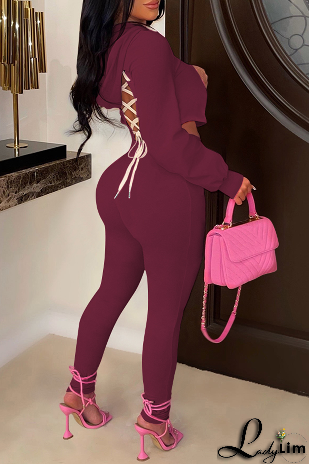 Black Casual Solid Draw String O Neck Long Sleeve Two Pieces