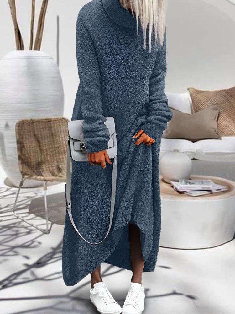 Plush Casual Solid Color Turtleneck Dress