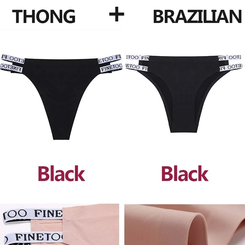 2PCS/Set Seamless Women's Thong Sexy Bikini Underwear G-string Letter Lingerie Femme Low-Rise Panties Ice Silk Women Underpants