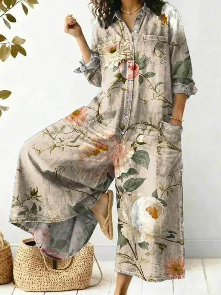 Women's Vintage Floral Pattern Art Print Casual Cotton Jumpsuit