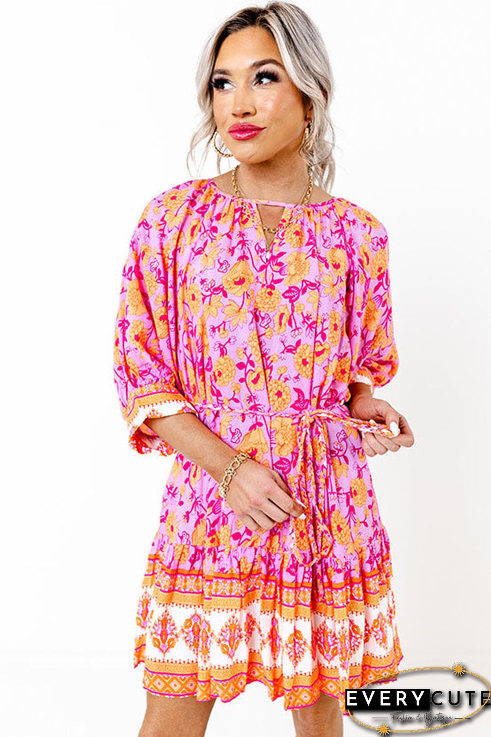 Red 3/4 Sleeve Boho Floral Belted Mini Dress