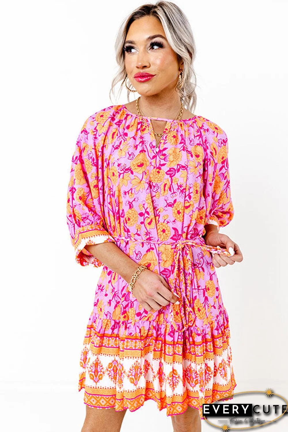 Red 3/4 Sleeve Boho Floral Belted Mini Dress