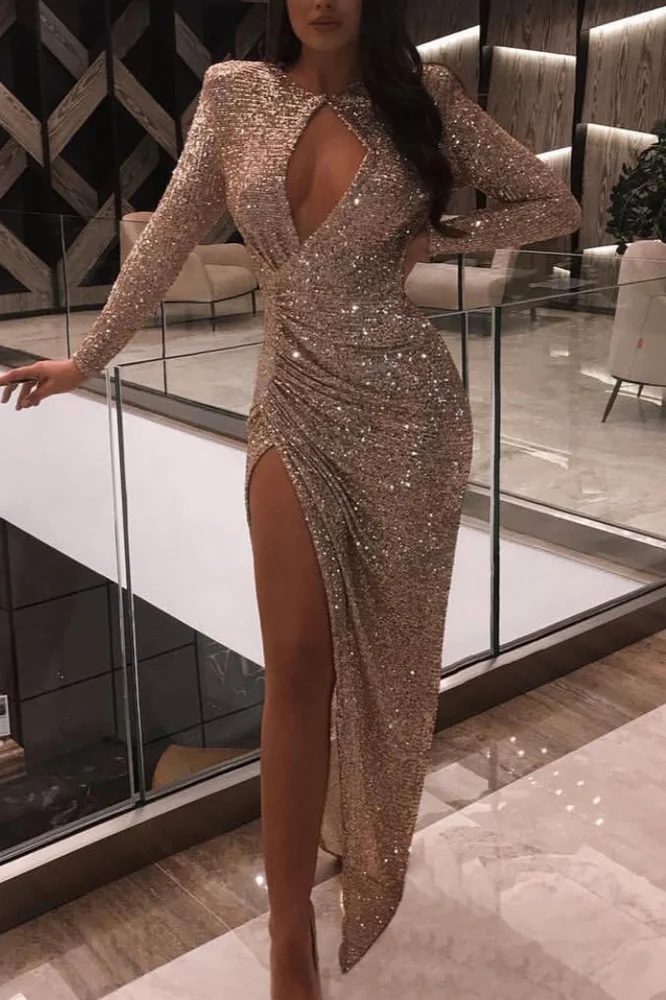 Chic Sequins Long Sleeve Prom Dress Keyhole WIth Split - lulusllly