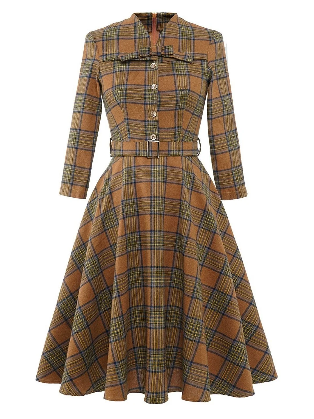 Coffee 1950s Plaid Belt Swing Dress