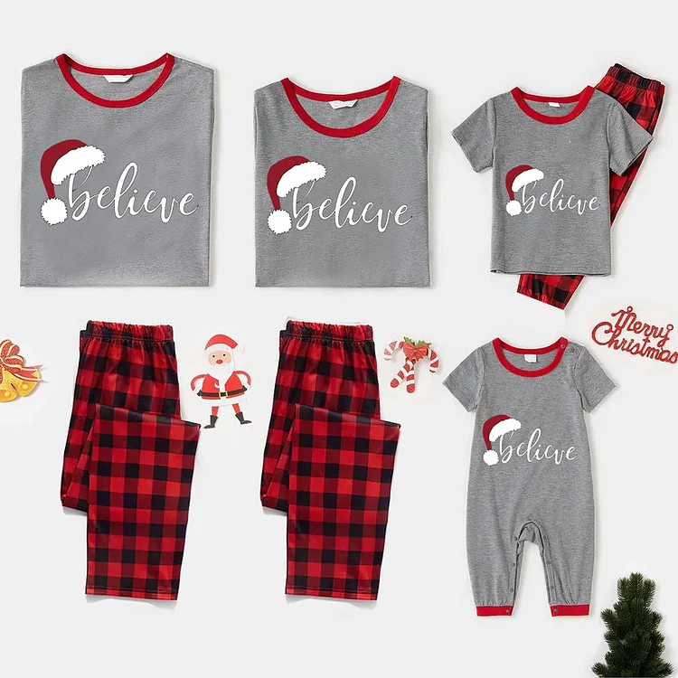 'Believe' Christmas Hat Print Short Sleeve Comfy Family Matching Pajamas Sets