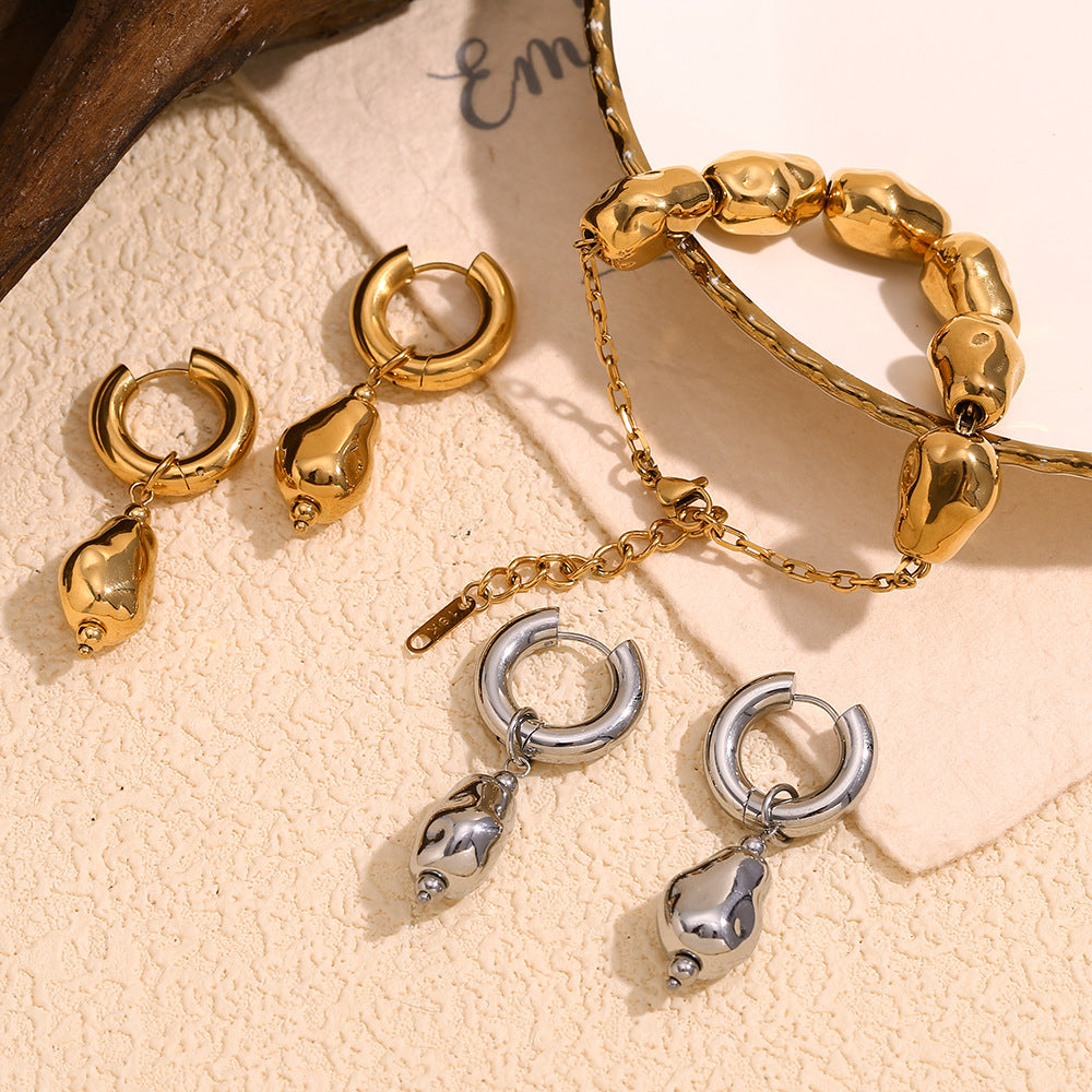 Niche Retro Personality Earrings Stainless Steel Plated 18K Gold Irregular Smooth Iron Bead Bracelet