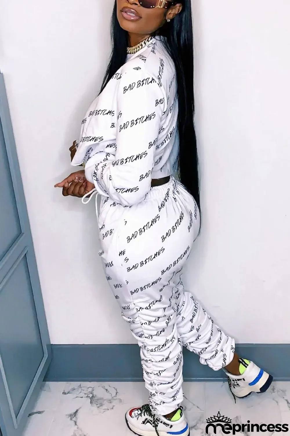 Red Street Print Fold O Neck Long Sleeve Two Pieces