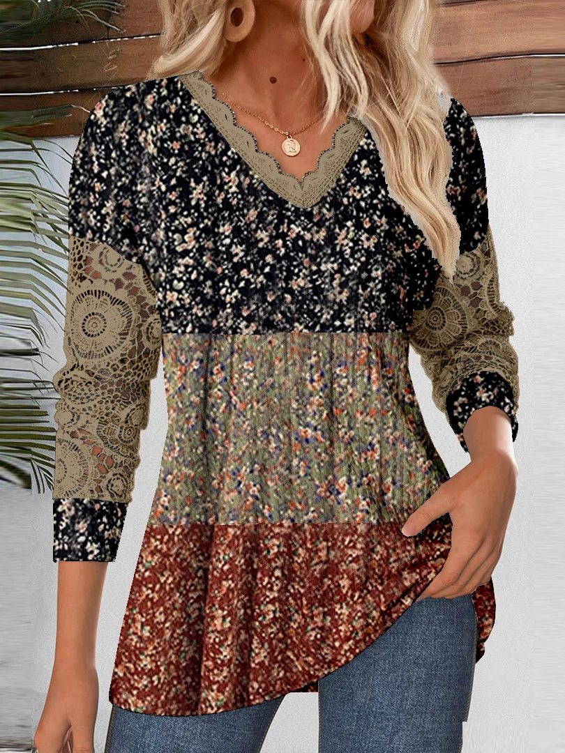 Women's Long Sleeve V-neck Graphic Lace Top