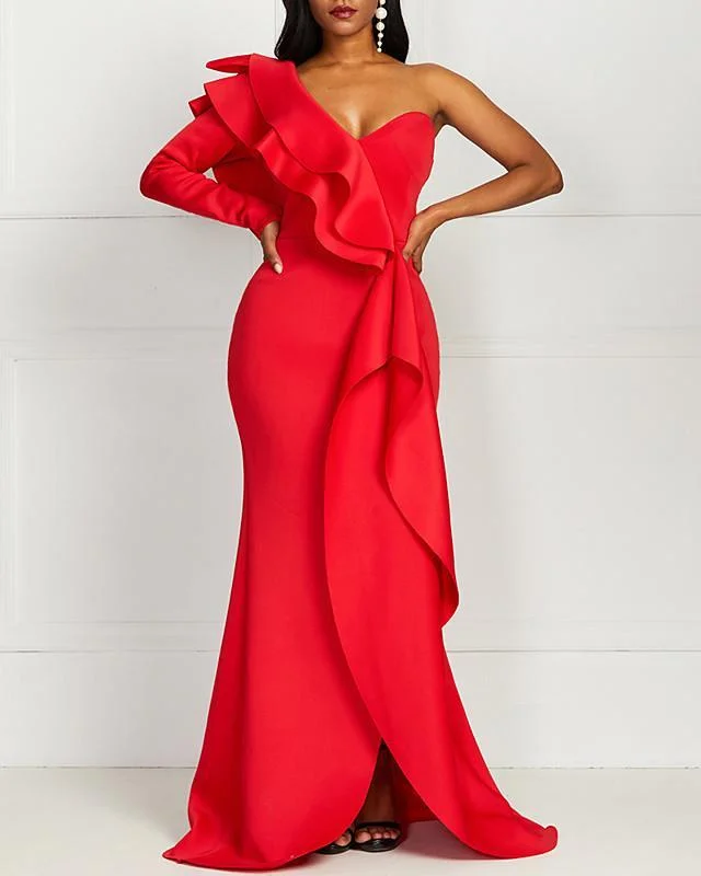 Women's Sheath Dress Maxi long Dress Red Long Sleeve Solid Color Ruched Ruffle Zipper Winter Elegant M L XL XXL 3XL