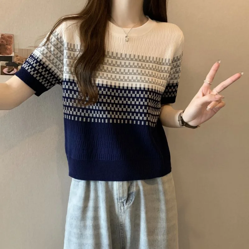 Uveng Uveng Gradient Striped T-Shirt Women's Summer New Oceanic Ice Silk Sleeve Sleeves