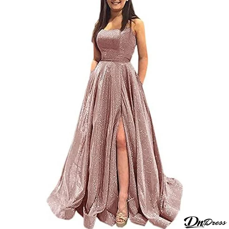 Spring Long Strap Glitter Formal Party Dress