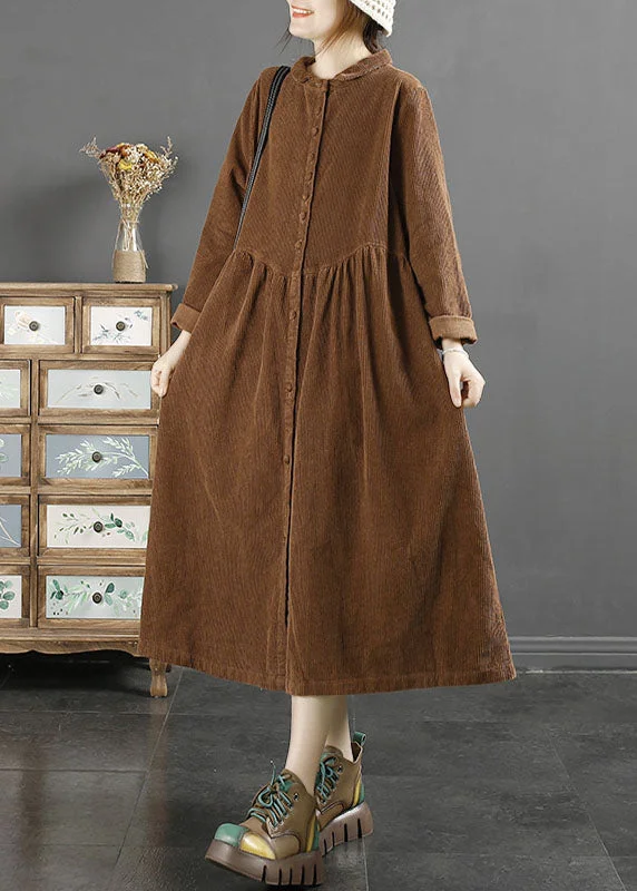 Elegant Coffee Square Collar Wrinkled Patchwork Corduroy Long Trench Coats Long Sleeve