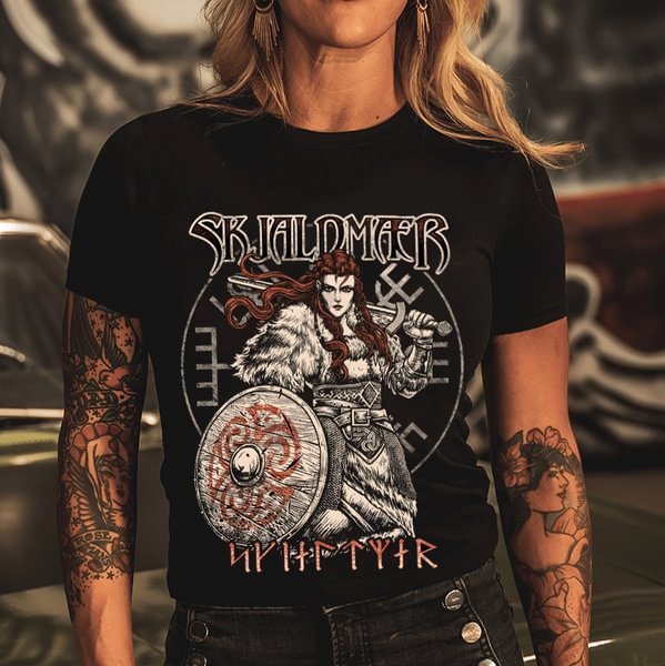 Skjaldmaer Vegvisir T-shirt Viking Warrior T Shirts for Women - BlackFridayBuys