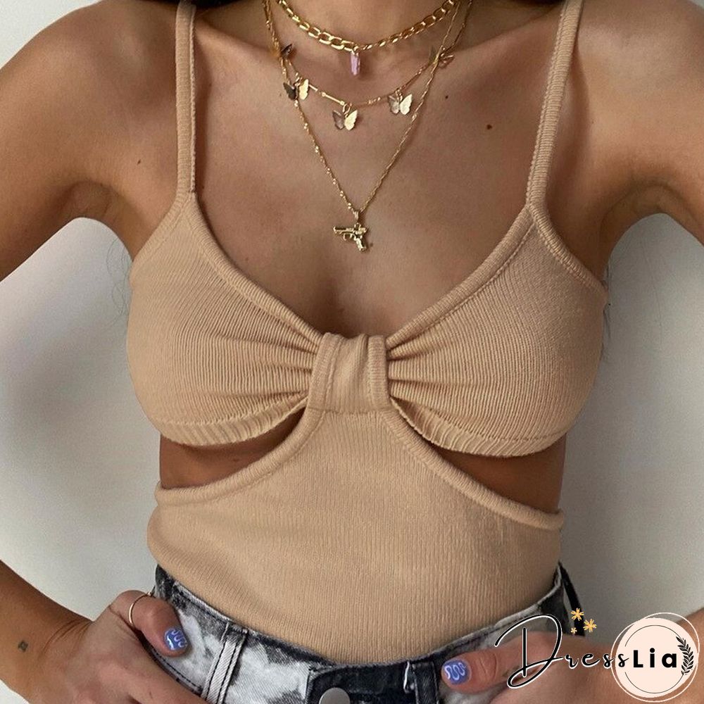 Fashion Sexy Hollow Out V Neck Solid Rib Knit Female Camisole New Summer Casual Slim Stretch Basic Wild Women Crop Top