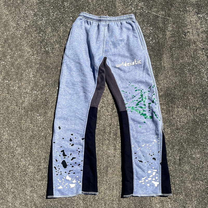 Stylish Contrasting Ink-Splashed Print Patchwork Flared Sweats Trousers
