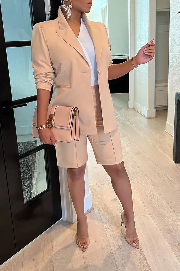 Guchioe Fashion Solid Color Lapel Long Sleeve Blazer Shorts Set 