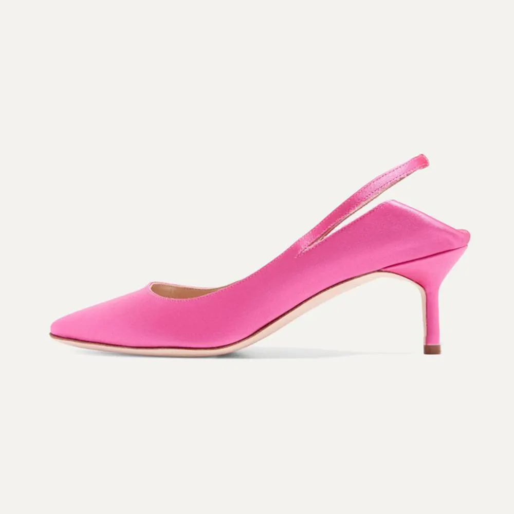 Pink Satin Closed Pointed Toe Slingback Pumps With Stiletto Heels
