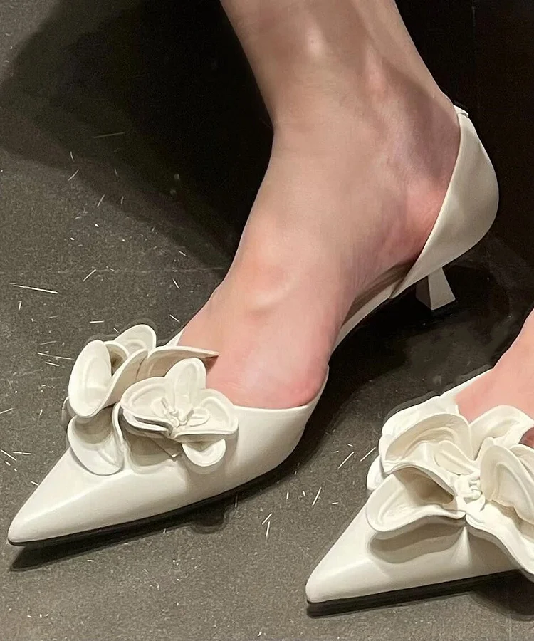 White Floral Splicing Women Kitten Heels Shoes Pointed Toe