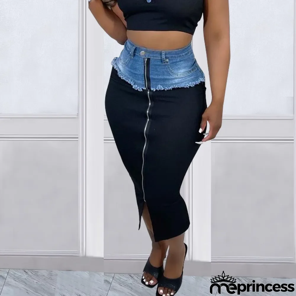 Women's Casual Fashion Style Patchwork Tassel Denim Slit Skirt