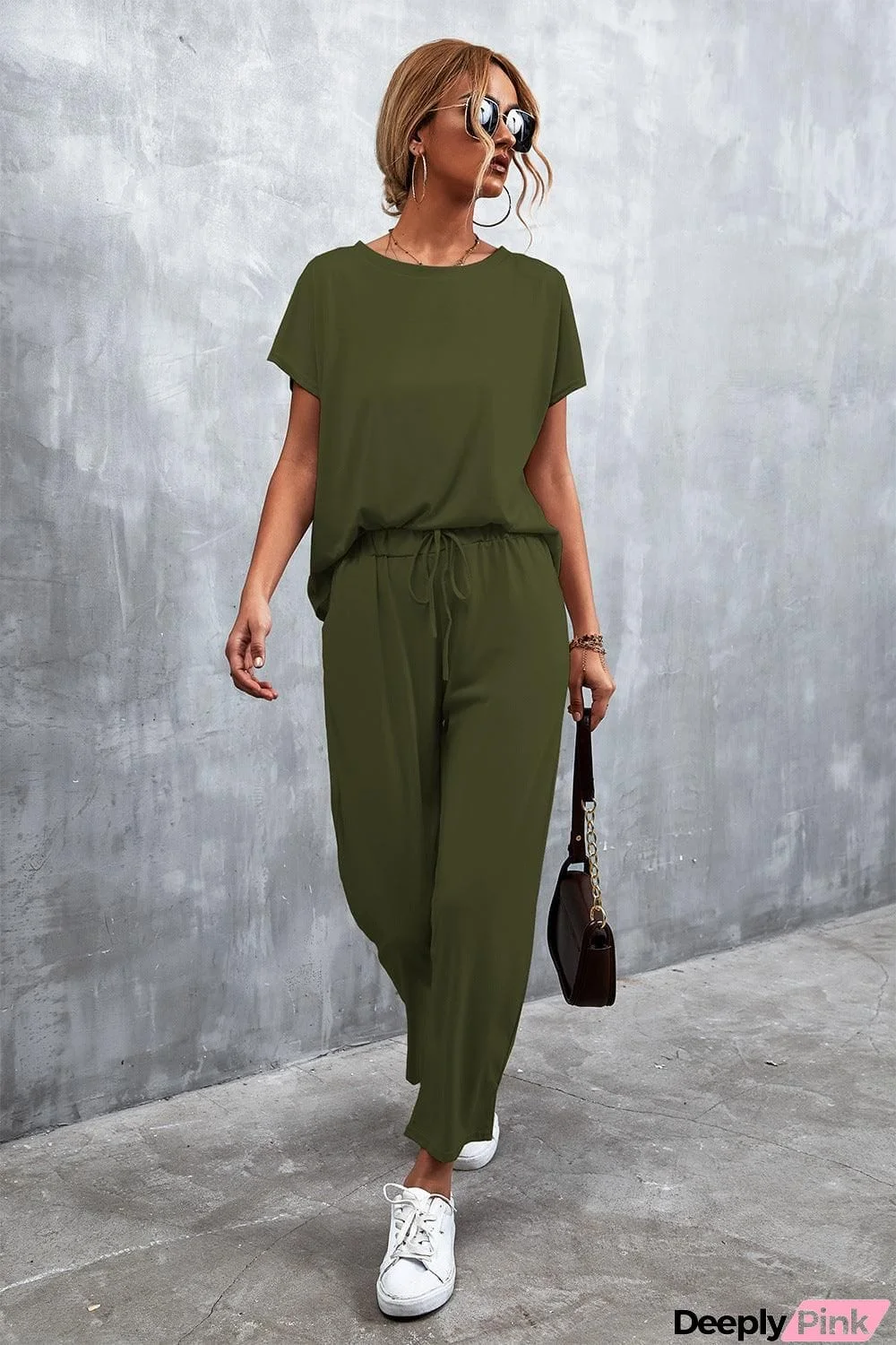 Full Size Round Neck Top and Drawstring Waist Pants Set