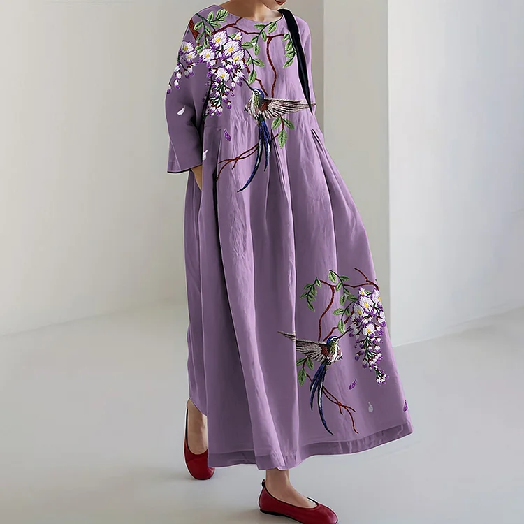 Simpfit Lockeres Midikleid mit Blumen- und VogelDrucken-Kunstdruck
