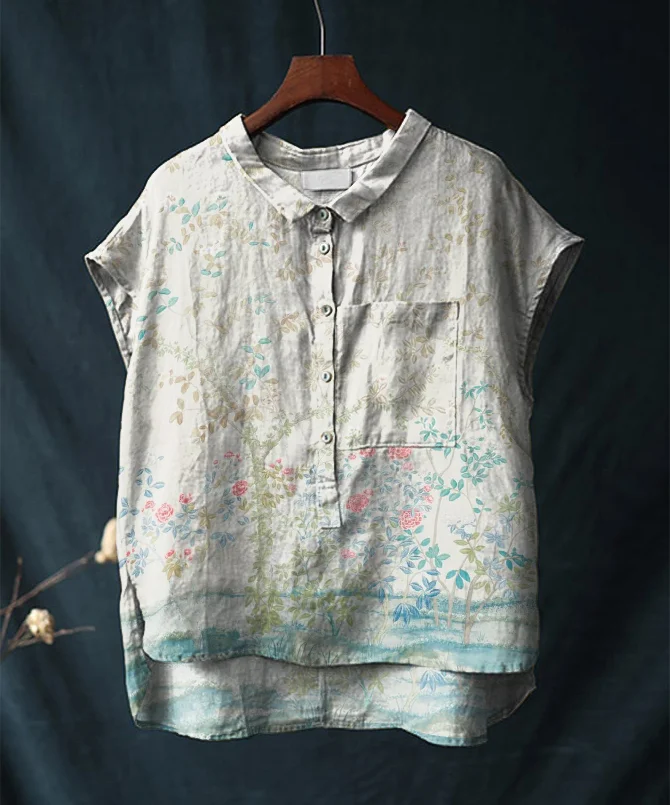 Vintage Floral Print Short-sleeved Cotton and Linen Shirt