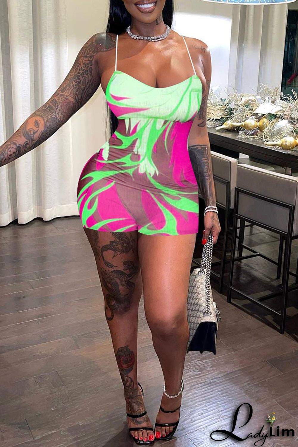 Green Sexy Print Patchwork Spaghetti Strap Regular Jumpsuits