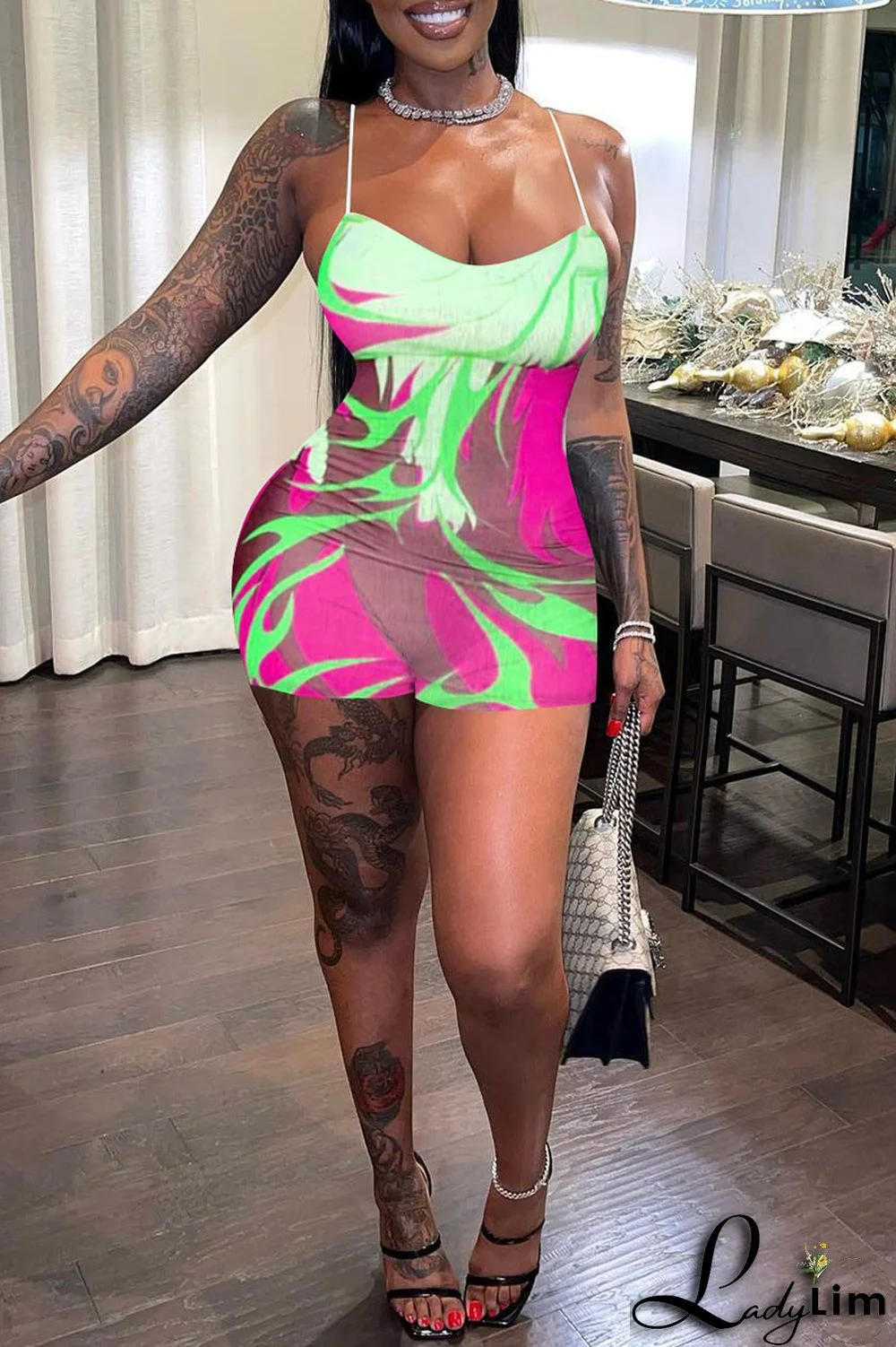 Green Sexy Print Patchwork Spaghetti Strap Regular Jumpsuits