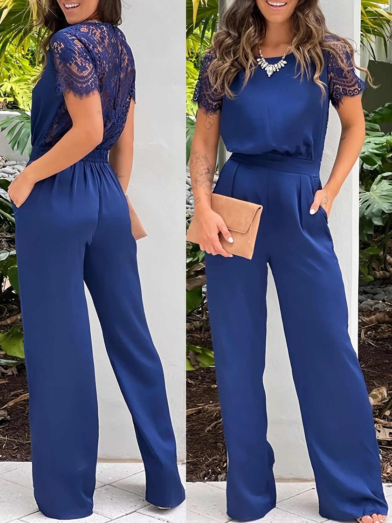Womens Elegant Lace-Trimmed Round-neck Short Sleeve Jumpsuit Navy Blue Semi-Sheer Wide