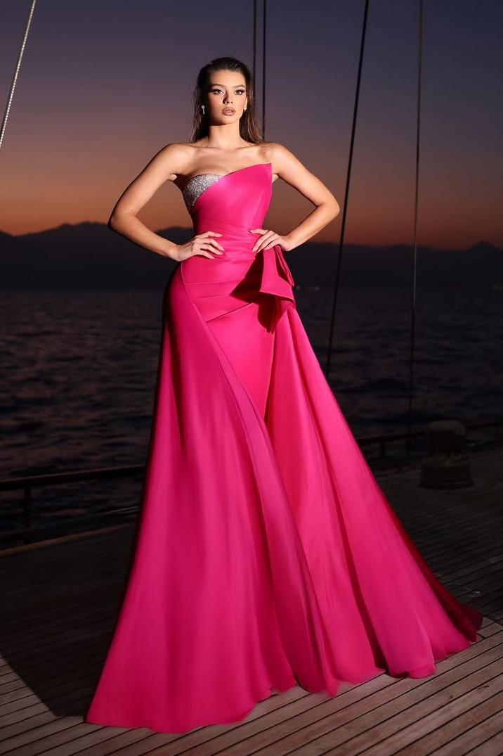 Lvs&Broner Fuchsia Sleeveless Strapless Long Prom Dress With Pleated Beading