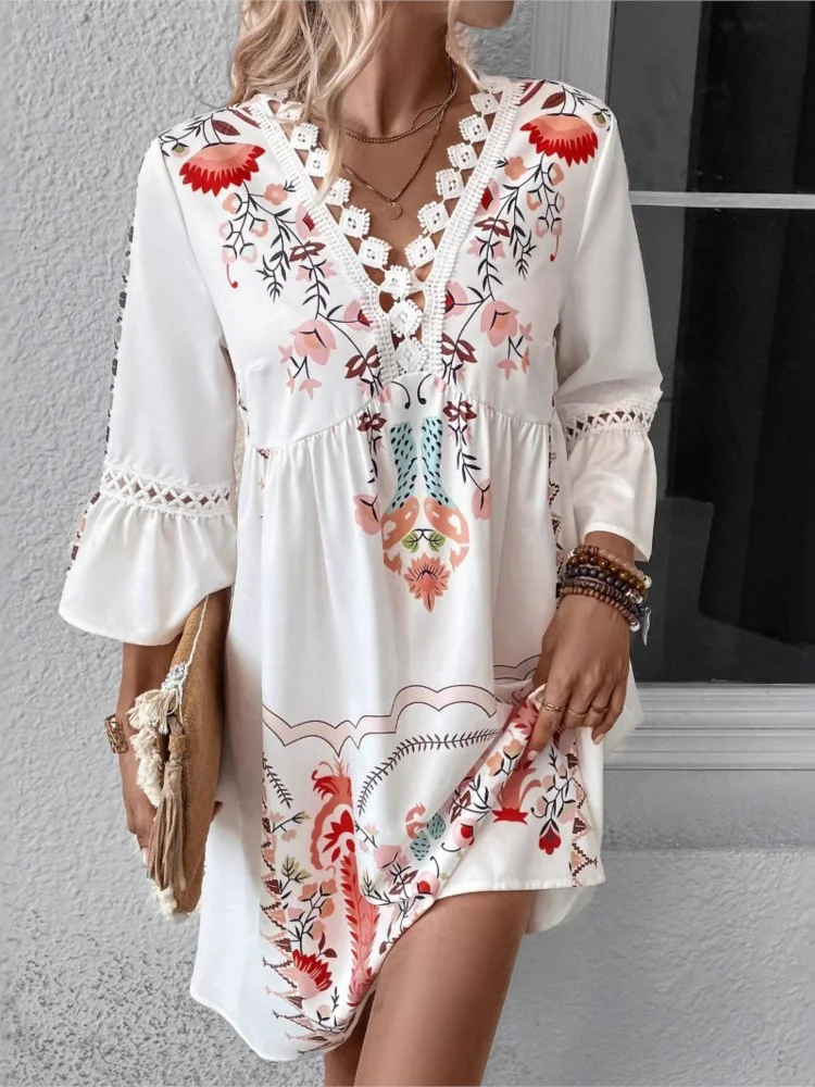 Women's 2025 Vintage Floral Lace Loose Sundress Flared Sleeves Vacation Beach Dress 