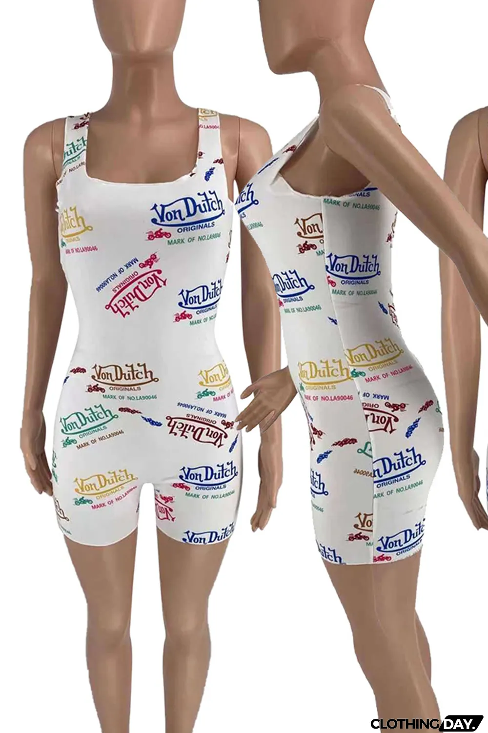 White Sexy Print Patchwork Square Collar Skinny Jumpsuits