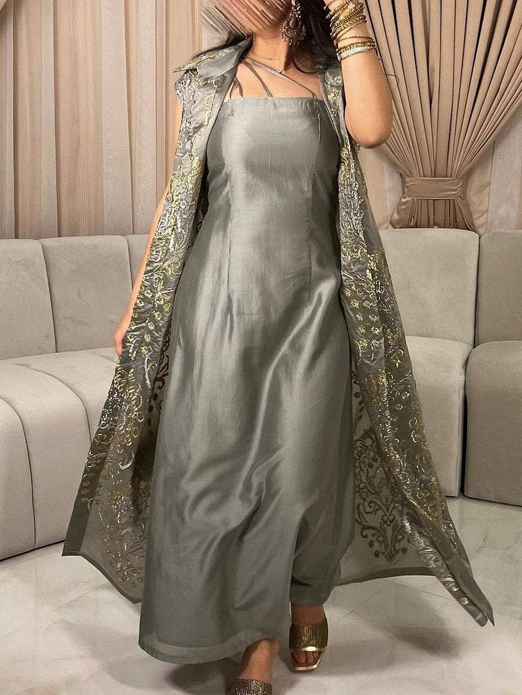 Unique Neckline Strapless Dress and Sleeveless Lapel Tunic Set