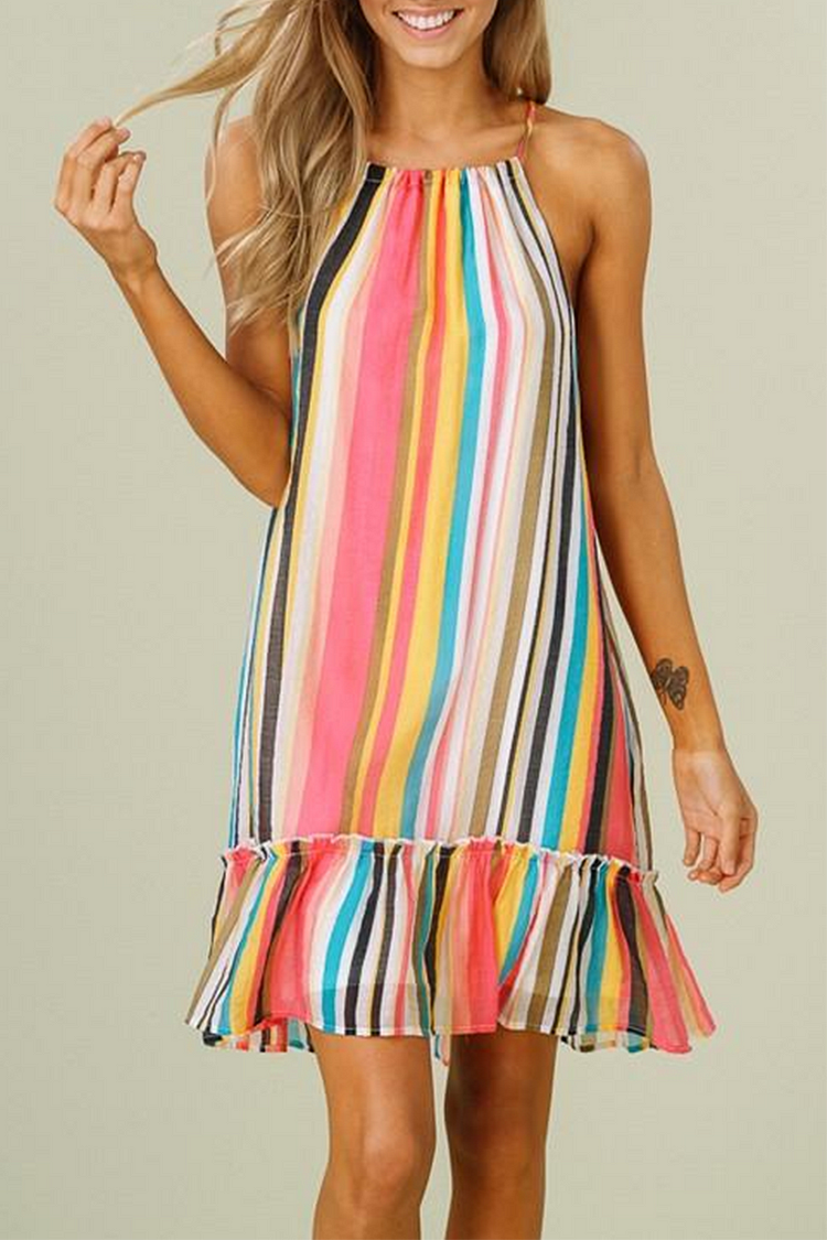 Casual Striped Flounce O Neck A Line Dresses - Life is Beautiful for You - SheChoic