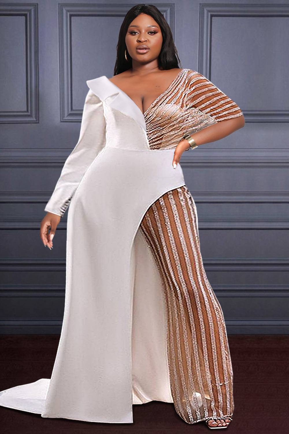 Design Plus Size Formal Jumpsuit White Sequin Irregular Patchwork See-Through Jumpsuit