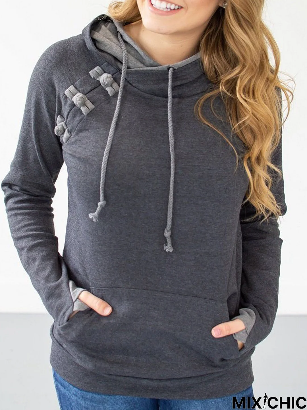 Gray Solid Drawstring Casual Hoodie Sweatshirt