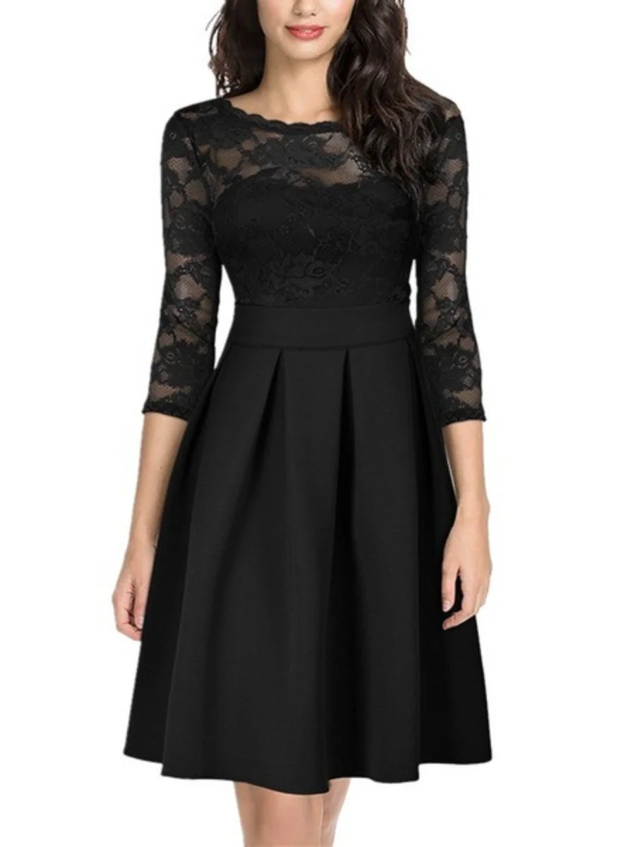 Women's Cocktail Dress Lace Floral 3/4 Sleeve Vintage Swing Homecoming Dress