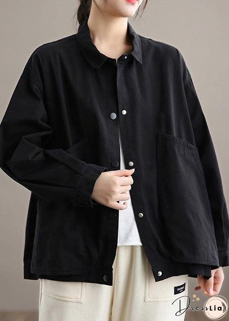 Organic Lapel Large Pockets Spring Clothes For Women Christmas Gifts Black Tops