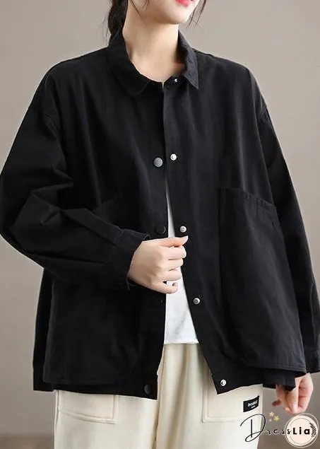 Organic Lapel Large Pockets Spring Clothes For Women Christmas Gifts Black Tops