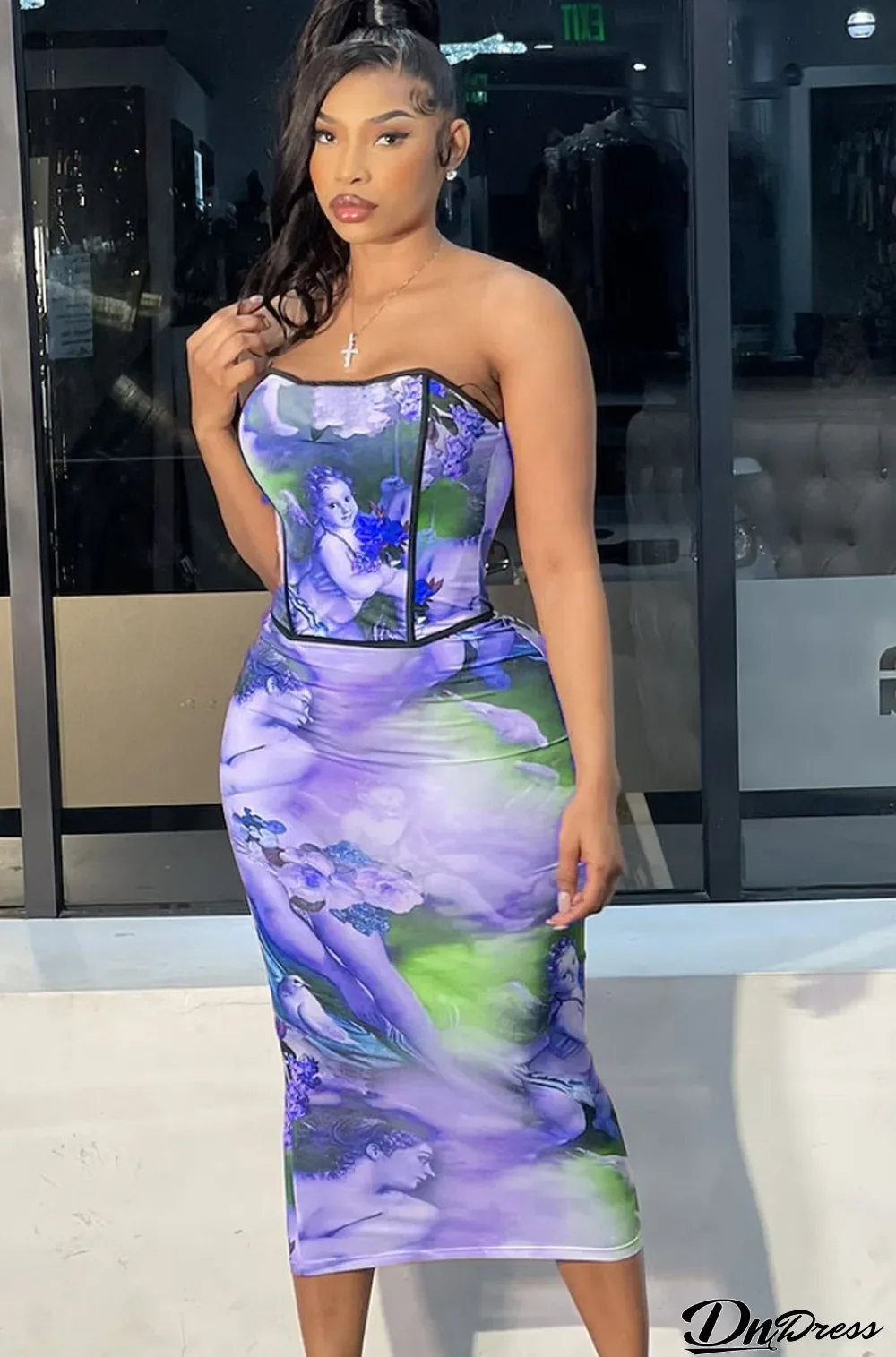 Summer Print Strapless Top and Matching Midi Skirt 2 Piece Set