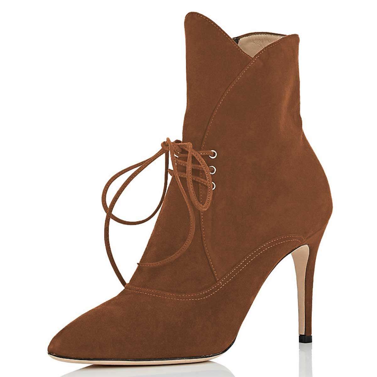 GOOSHOE Tan Pointy Toe Stiletto Heel Lace Up Ankle Boots
