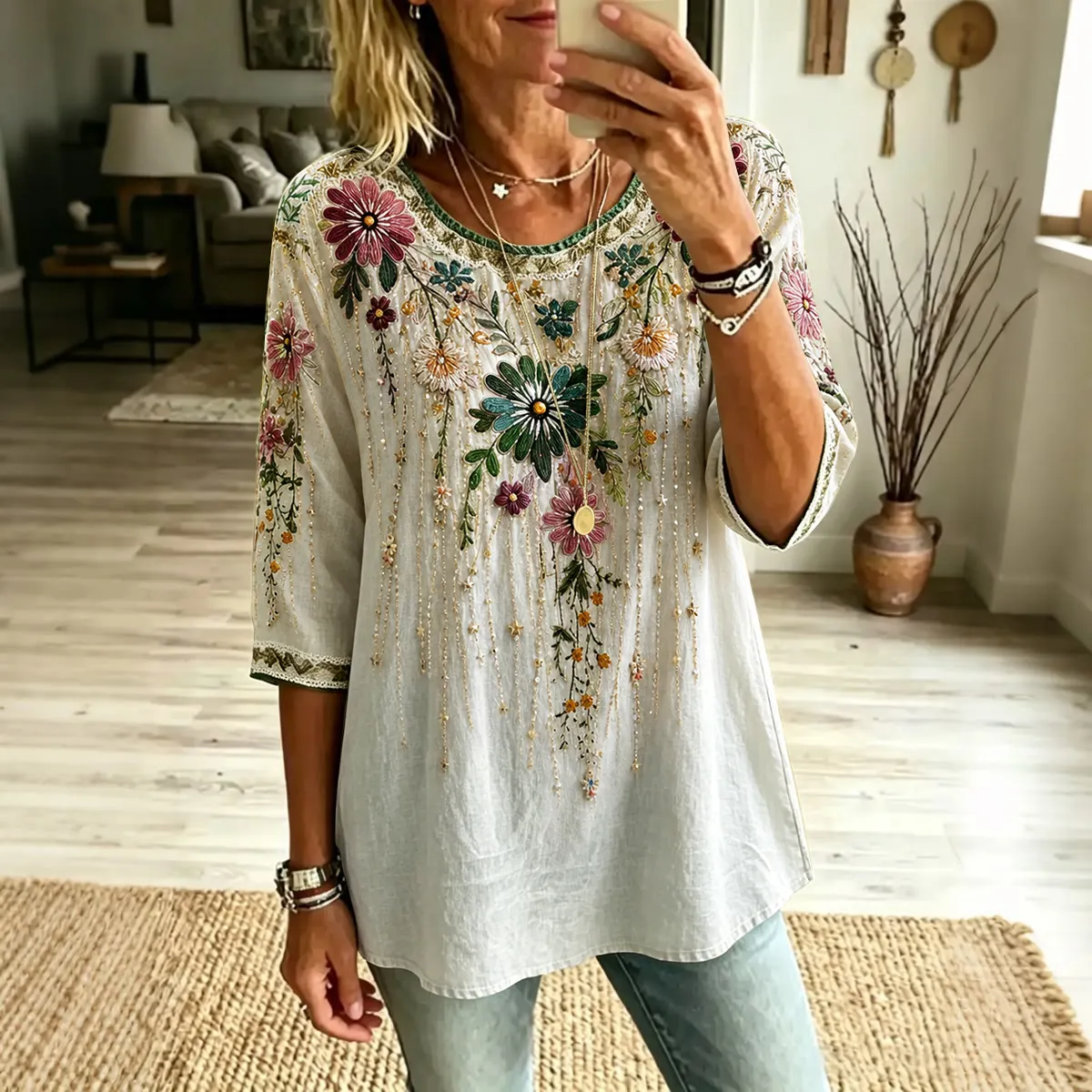 Comstylish Women's Vintage Floral Embroidery Art Crew Neck Linen Blend Casual T-shirt