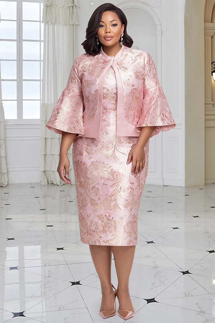 Xpluswear Design Plus Size Formal Pink Floral Flare 3/4 Sleeve Bodycon Satin Two Piece Dress Set 2024 - Xpluswear